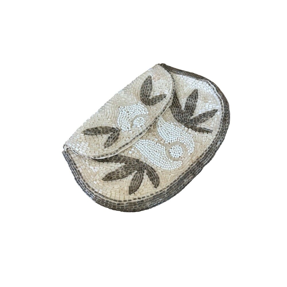 Vintage Beaded Coin Purse Ivory Silver Floral Seed Bead Mini Pouch Small Bag